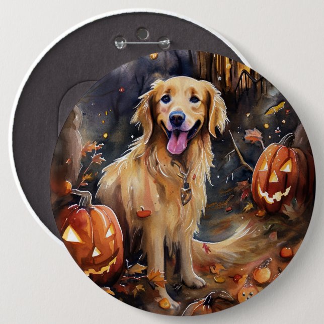 Halloween Golden Retriever With Pumpkins Scary Button (Front & Back)
