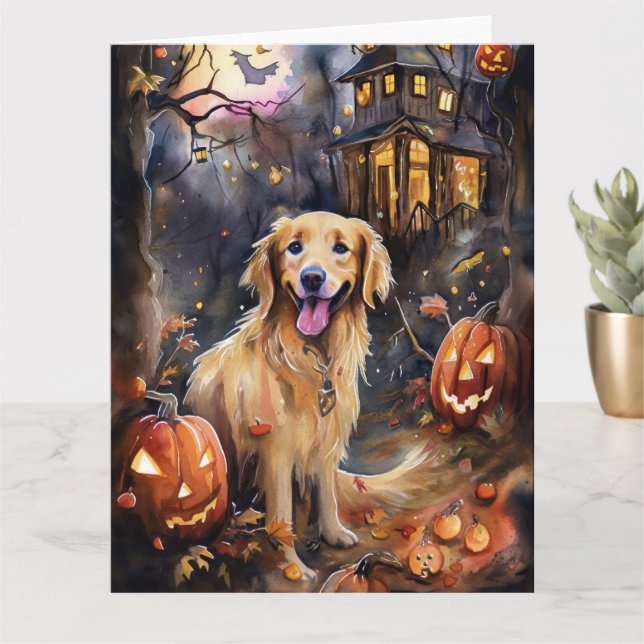 Halloween Golden Retriever With Pumpkins Scary Card (Small Plant)