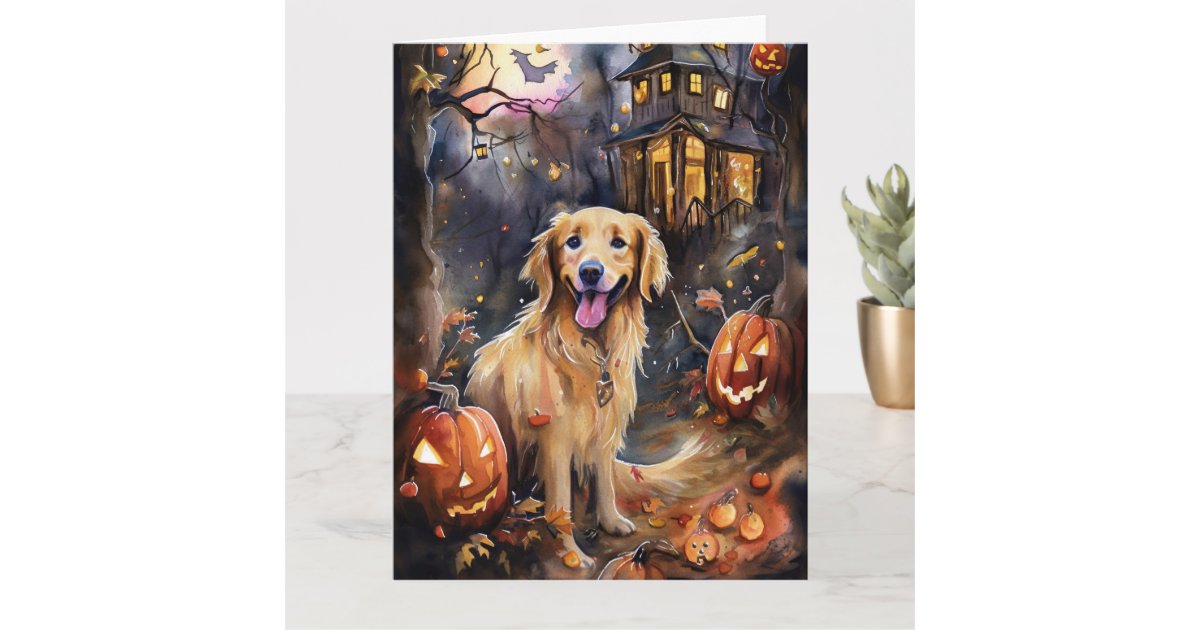 Halloween Golden Retriever With Pumpkins Scary Card | Zazzle