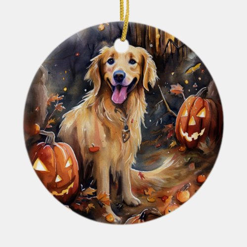 Halloween Golden Retriever With Pumpkins Scary Ceramic Ornament