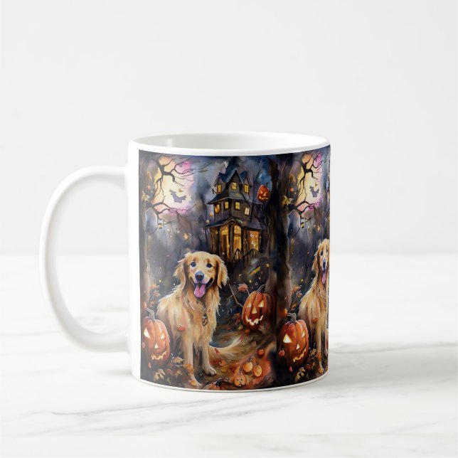 Halloween Golden Retriever With Pumpkins Scary Coffee Mug (Left)