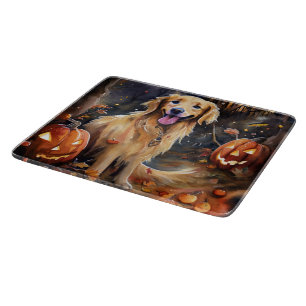 Halloween Golden Retriever With Pumpkins Scary Cutting Board