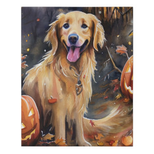 Halloween Golden Retriever With Pumpkins Scary Faux Canvas Print