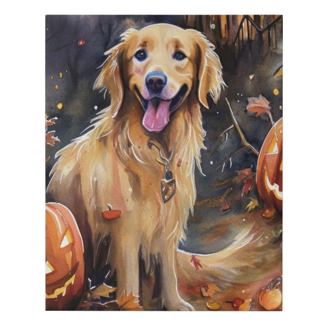 Halloween Golden Retriever With Pumpkins Scary Faux Canvas Print (Front)