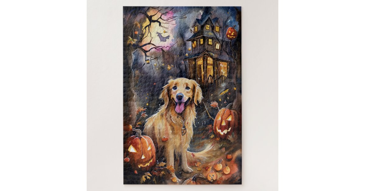 Halloween Golden Retriever With Pumpkins Scary Jigsaw Puzzle | Zazzle