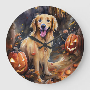 Halloween Golden Retriever With Pumpkins Scary Large Clock