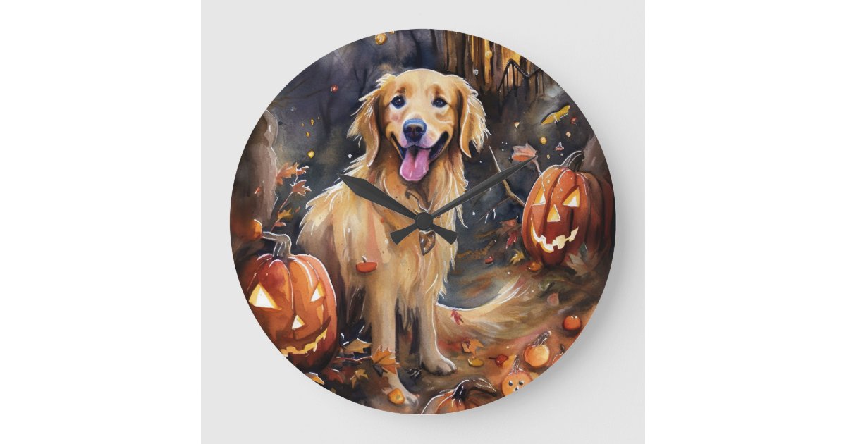 Halloween Golden Retriever With Pumpkins Scary Large Clock | Zazzle