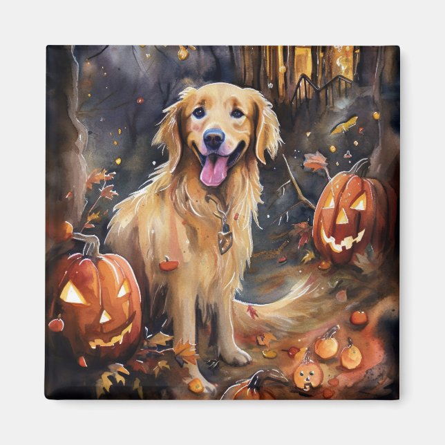 Halloween Golden Retriever With Pumpkins Scary Magnet (Front)