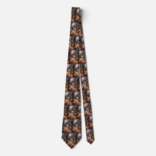 Halloween Golden Retriever With Pumpkins Scary Neck Tie