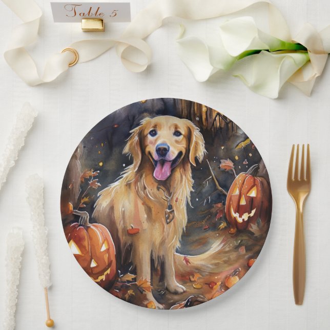 Halloween Golden Retriever With Pumpkins Scary Paper Plates (Wedding)