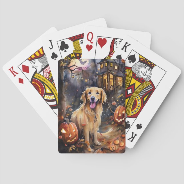 Halloween Golden Retriever With Pumpkins Scary Poker Cards (Back)