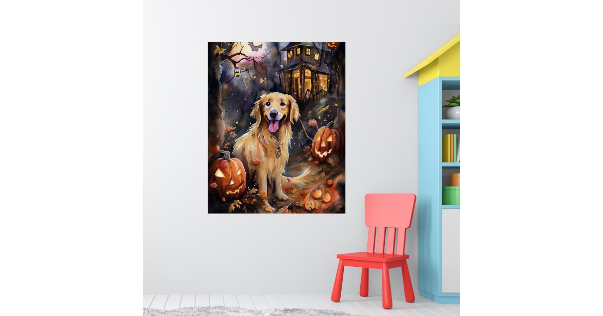 Halloween Golden Retriever With Pumpkins Scary Poster | Zazzle
