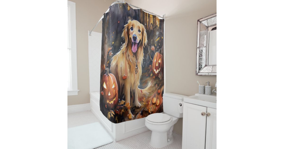 Halloween Golden Retriever With Pumpkins Scary Shower Curtain | Zazzle