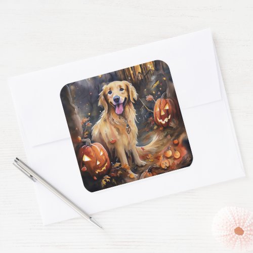 Halloween Golden Retriever With Pumpkins Scary Square Sticker