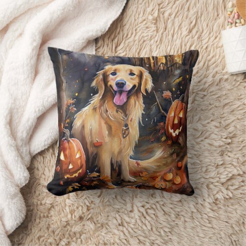 Halloween Golden Retriever With Pumpkins Scary  Throw Pillow