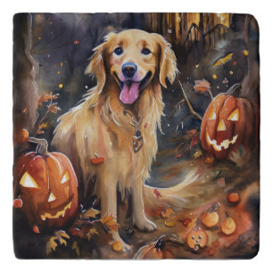 Halloween Golden Retriever With Pumpkins Scary Trivet
