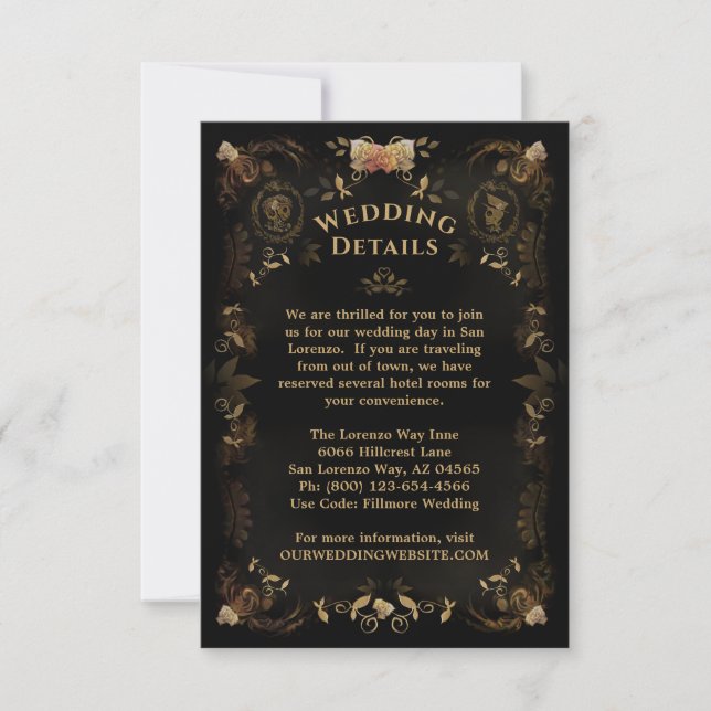 Halloween Golden Skeletons Wedding Details Card (Front)