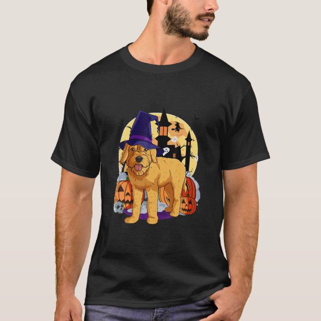 Halloween Goldendoodle Funny Pumpkin Witch Dog T-Shirt (Front)