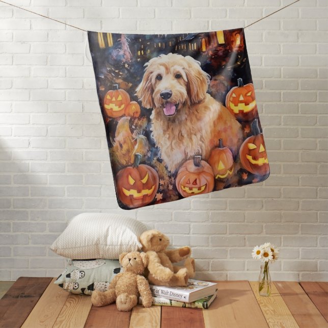 Halloween Goldendoodle With Pumpkins Scary Baby Blanket (In Situ)