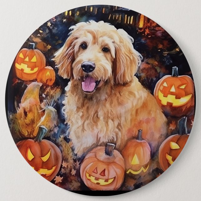 Halloween Goldendoodle With Pumpkins Scary Button (Front)