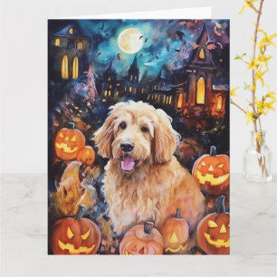 Halloween Goldendoodle With Pumpkins Scary Card