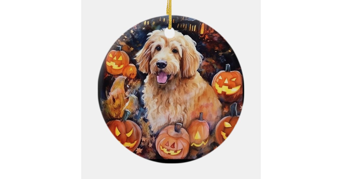 Halloween Goldendoodle With Pumpkins Scary Ceramic Ornament | Zazzle
