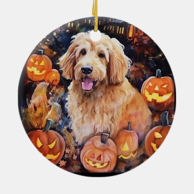 Halloween Goldendoodle With Pumpkins Scary Ceramic Ornament (Back)