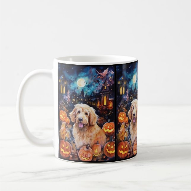 Halloween Goldendoodle With Pumpkins Scary Coffee Mug (Left)