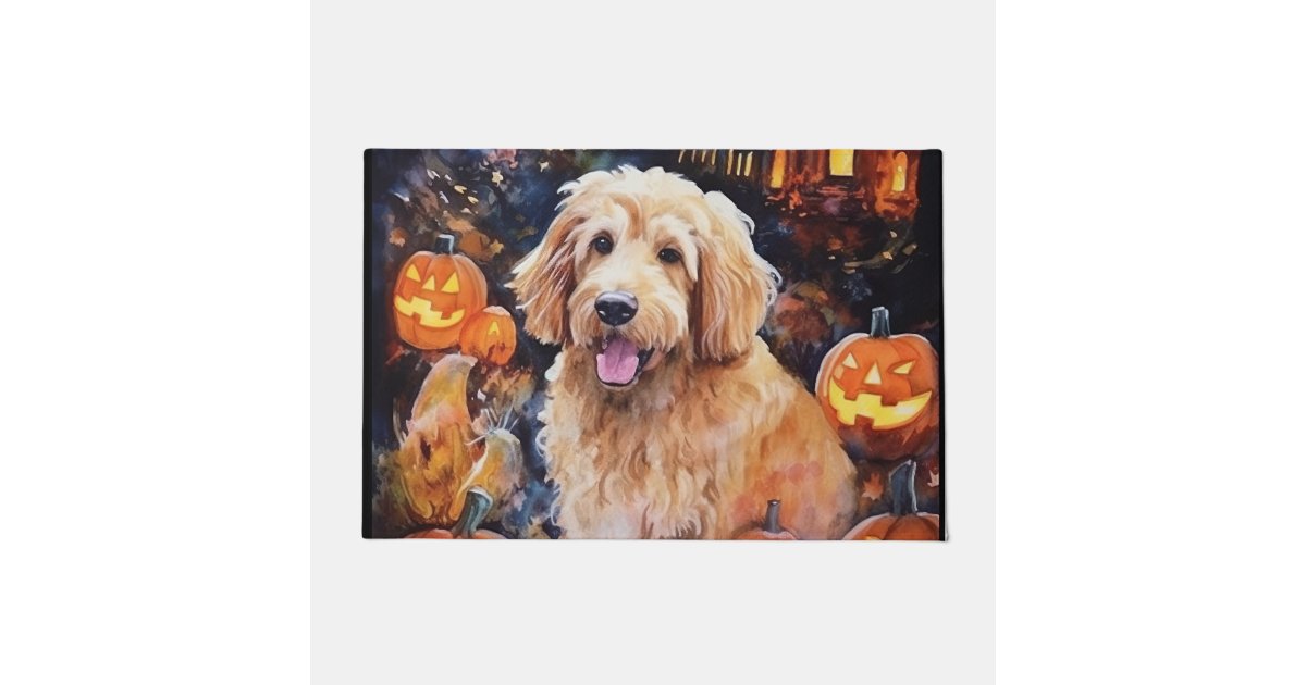 Halloween Goldendoodle With Pumpkins Scary Doormat | Zazzle