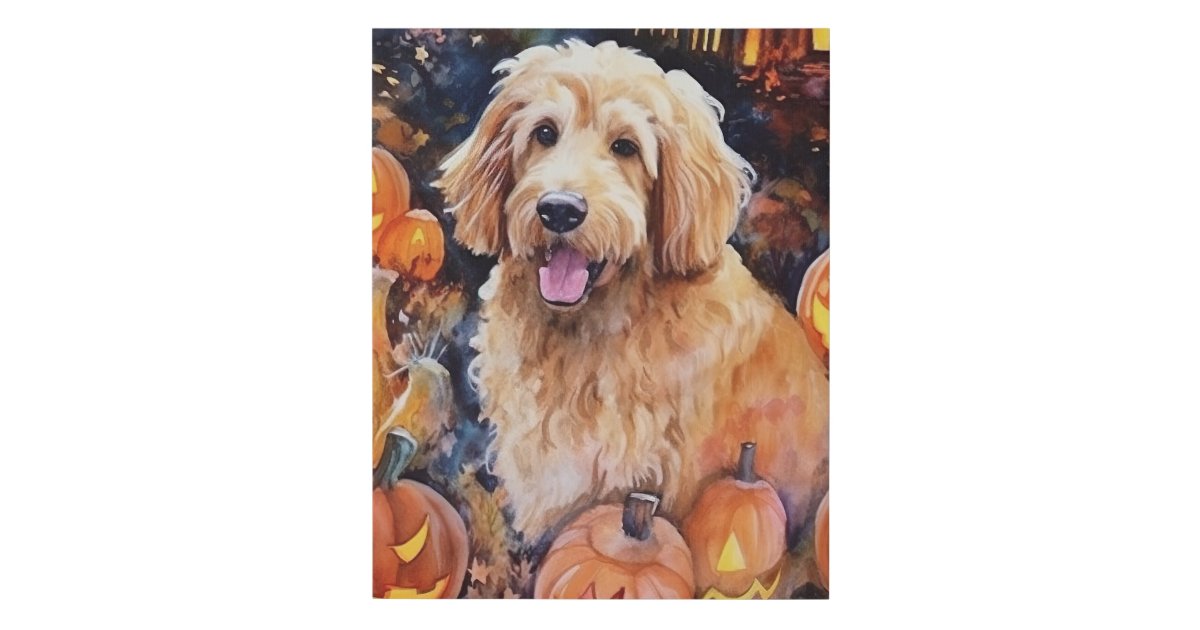 Halloween Goldendoodle With Pumpkins Scary Faux Canvas Print | Zazzle