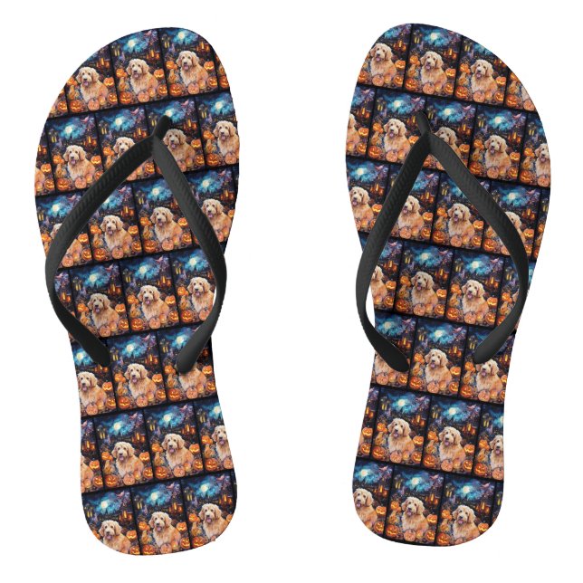 Halloween Goldendoodle With Pumpkins Scary Flip Flops (Footbed)