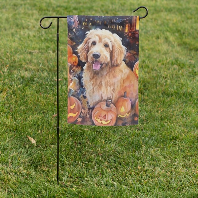 Halloween Goldendoodle With Pumpkins Scary Garden Flag (In SItu)
