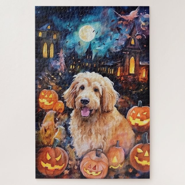 Halloween Goldendoodle With Pumpkins Scary Jigsaw Puzzle (Vertical)