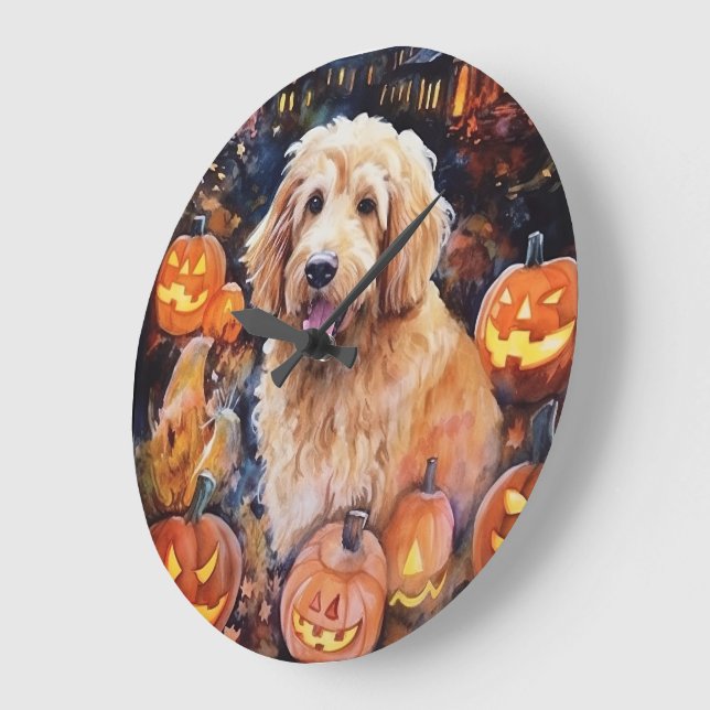 Halloween Goldendoodle With Pumpkins Scary Large Clock (Angle)