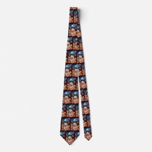 Halloween Goldendoodle With Pumpkins Scary Neck Tie