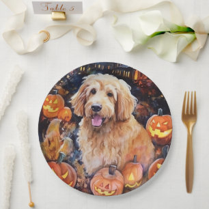 Halloween Goldendoodle With Pumpkins Scary Paper Plates