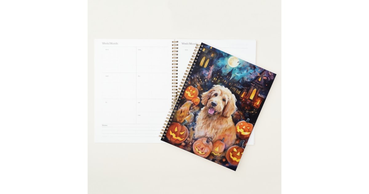 Halloween Goldendoodle With Pumpkins Scary Planner | Zazzle