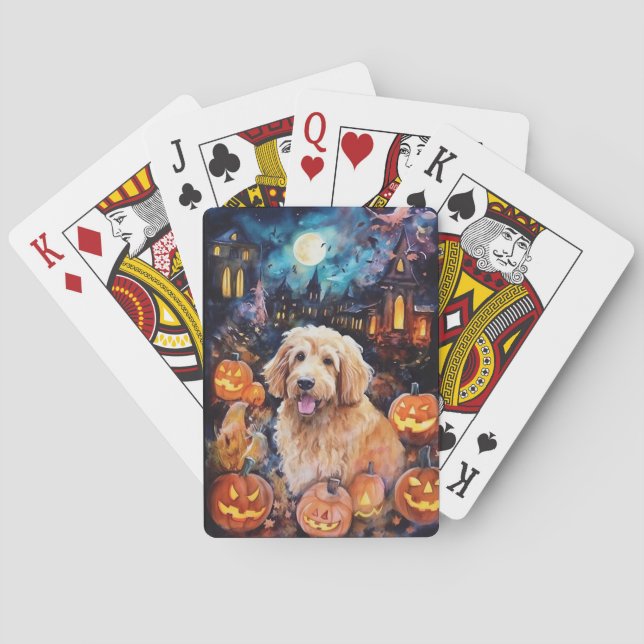 Halloween Goldendoodle With Pumpkins Scary Poker Cards (Back)