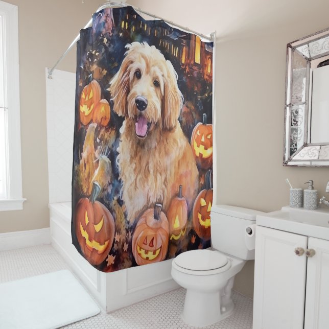 Halloween Goldendoodle With Pumpkins Scary Shower Curtain (In Situ)