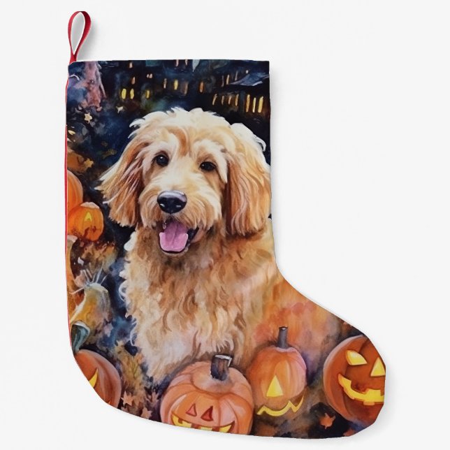 Halloween Goldendoodle With Pumpkins Scary Small Christmas Stocking (Front)