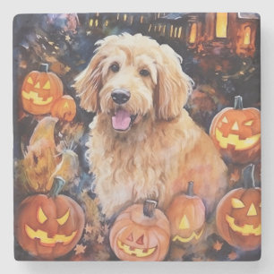 Halloween Goldendoodle With Pumpkins Scary Stone Coaster