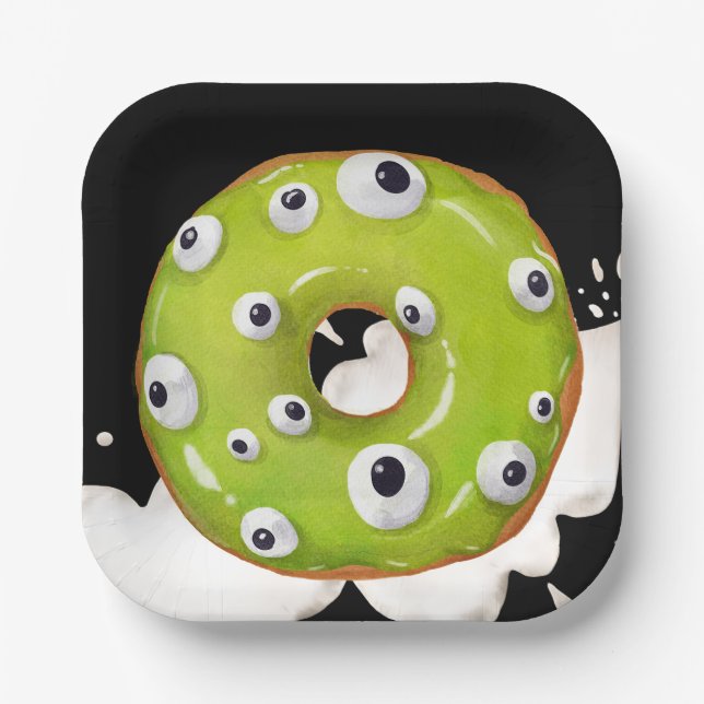 Halloween Googley Eyed Green Monster Donut Paper Plates (Front)