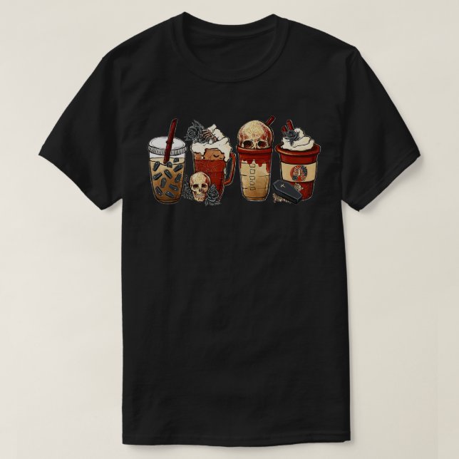 Halloween Goth girl coffee pumpkin spice latte ice T-Shirt (Design Front)