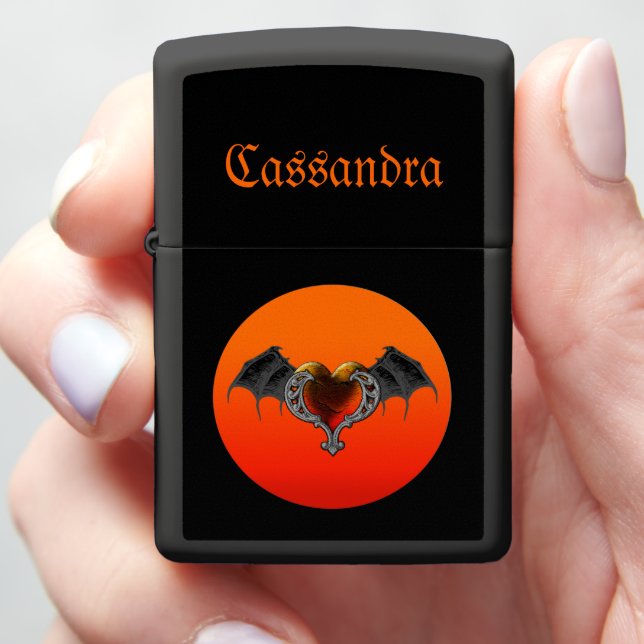 Halloween Goth Heart & Bat Wings Personalized Zippo Lighter (In Hand)