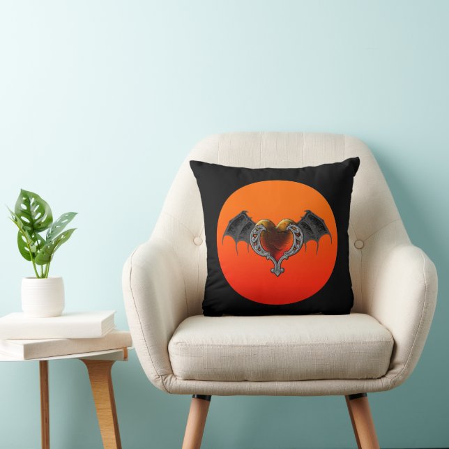 Halloween Goth Orange Heart & Bat Wings Pillow (Chair)