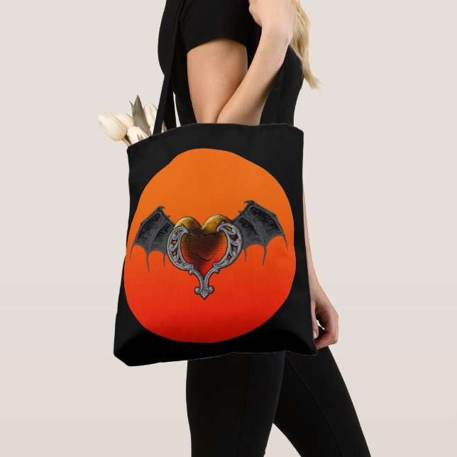 Halloween Goth Orange Heart & Bat Wings  Tote Bag (Close Up)