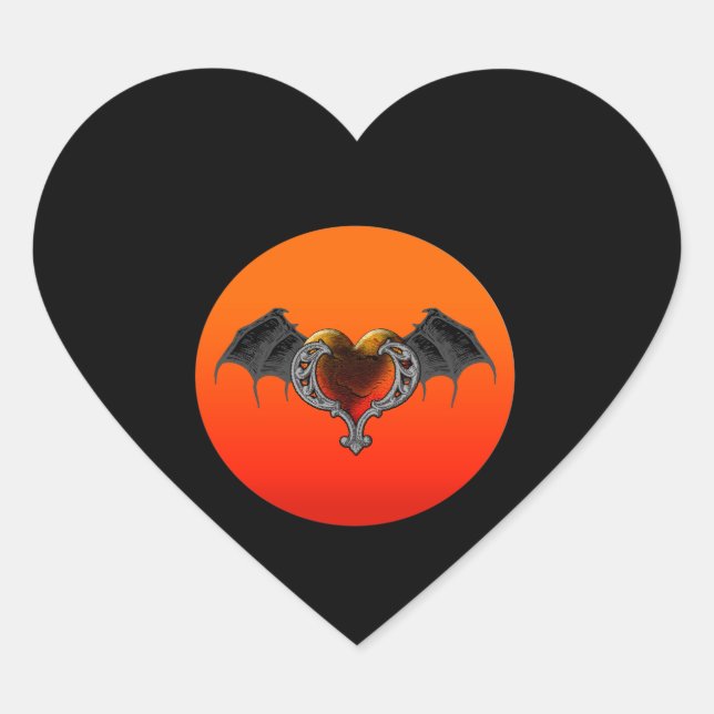Halloween Goth Orange Heart with Bat Wings Sticker (Front)