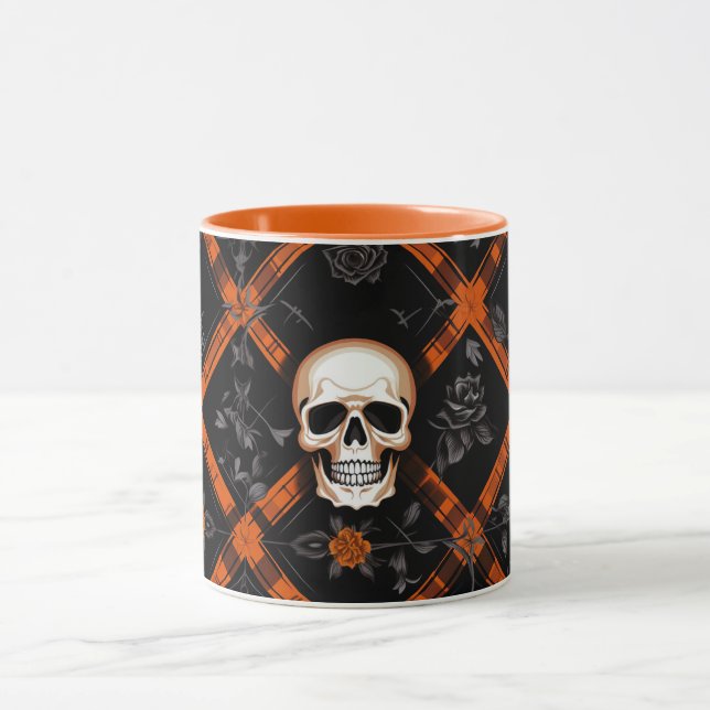 Halloween Goth Orange Tartan Pattern checkered Mug (Center)