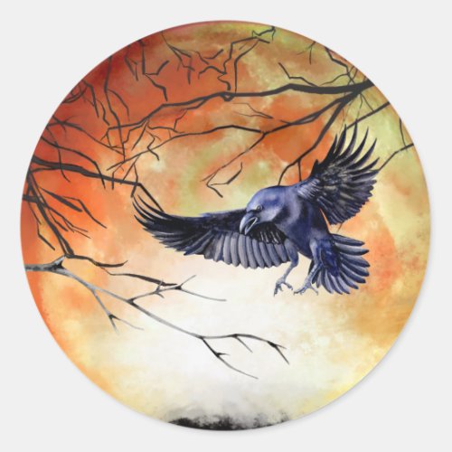  Halloween Goth Raven Crow Moon Scene  Classic Round Sticker