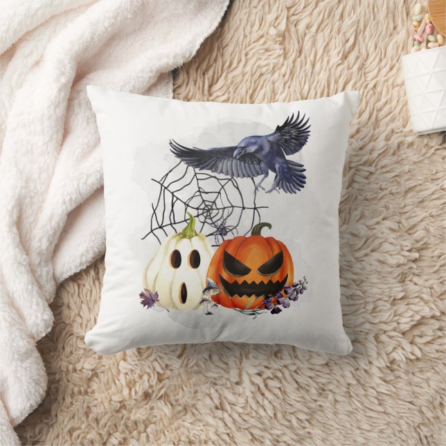  Halloween Goth Raven Crow Pumpkins   Throw Pillow (Blanket)